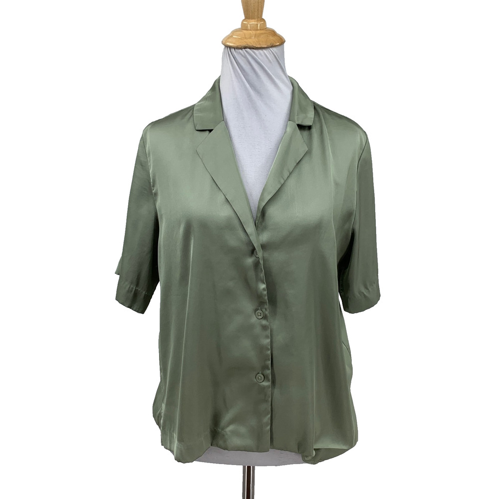 All Row Blouse Womens S Small Sage Satin Short Sleeve Button Up Notch Collar
